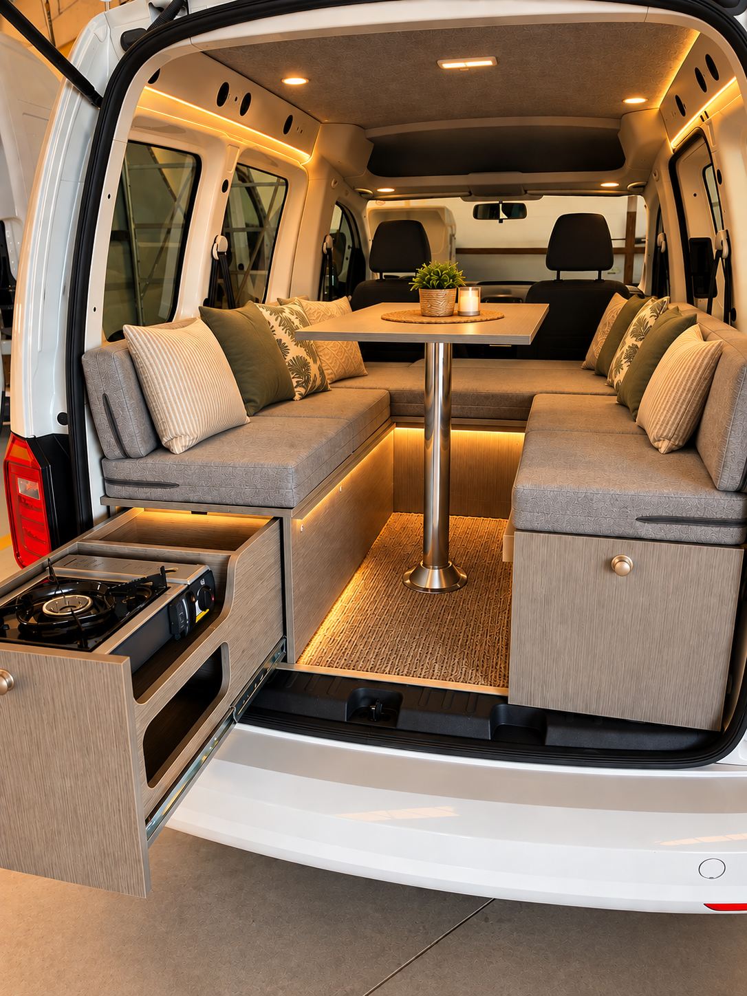 Camper Basic: zona de estar en U con mesa central, tapicería neutra, almacenaje y cocina de gas extraíble