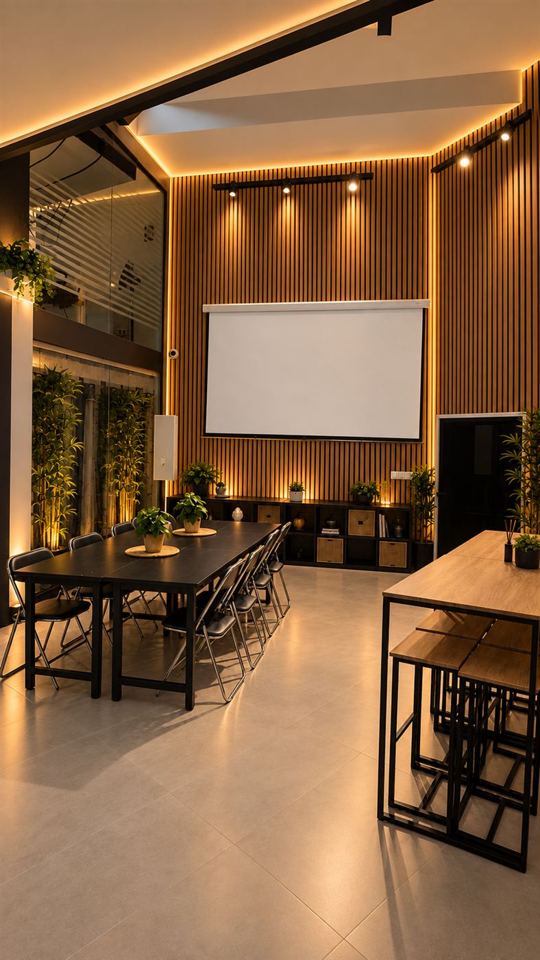 El estudio de Interiohogar: sala con panel de lamas de madera, iluminación cálida, mesas y plantas