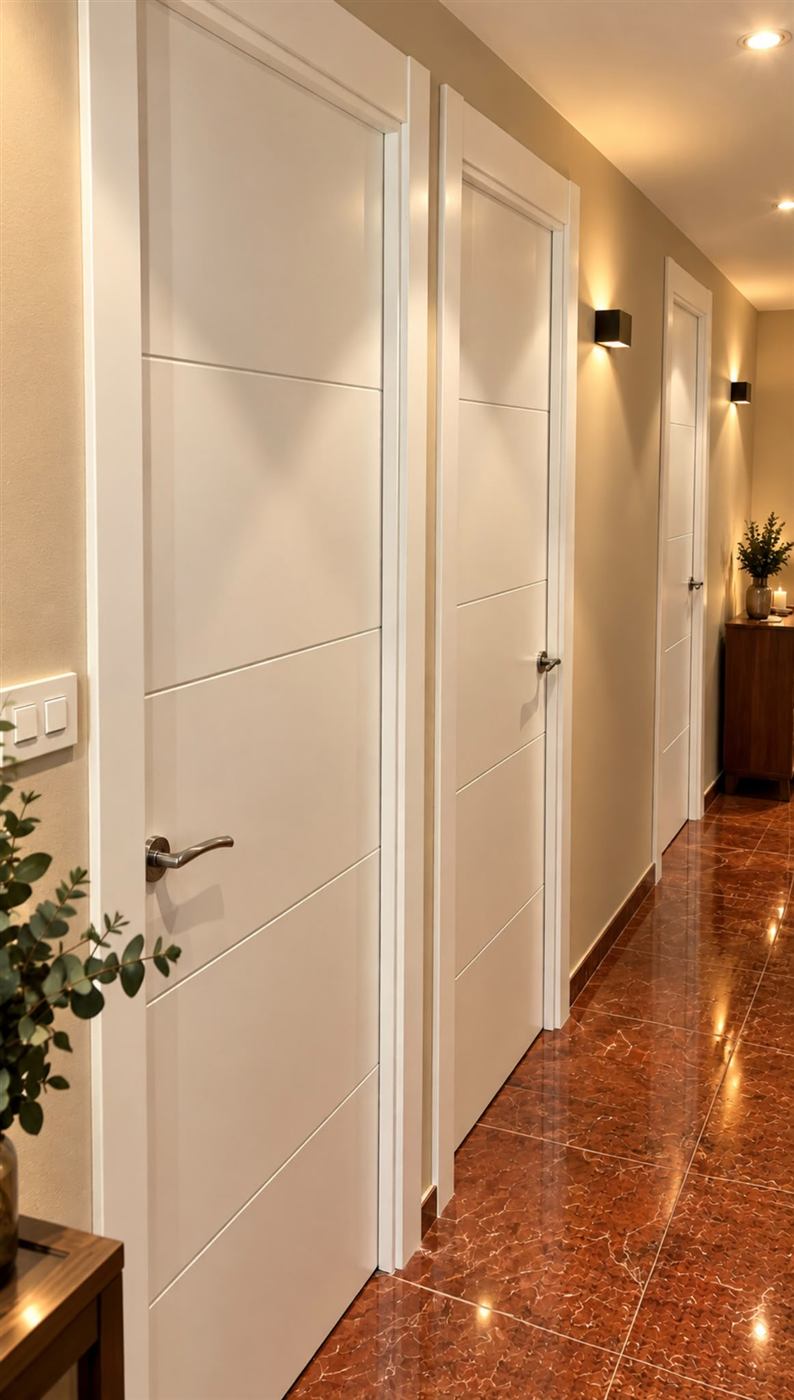 Pasillo con puertas lacadas en blanco, apliques de luz cálida y suelo brillante