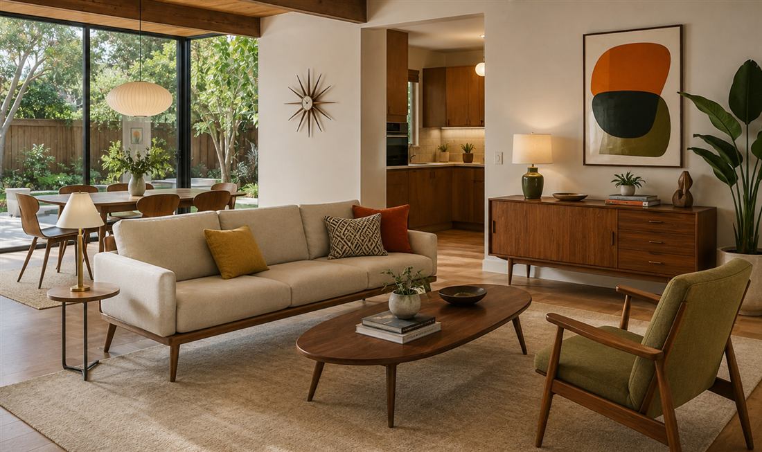 Salón y comedor abiertos al jardín con sofá, butaca verde, aparador de madera, mesa de centro y cuadro abstracto